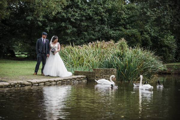 Bride and groom with swans